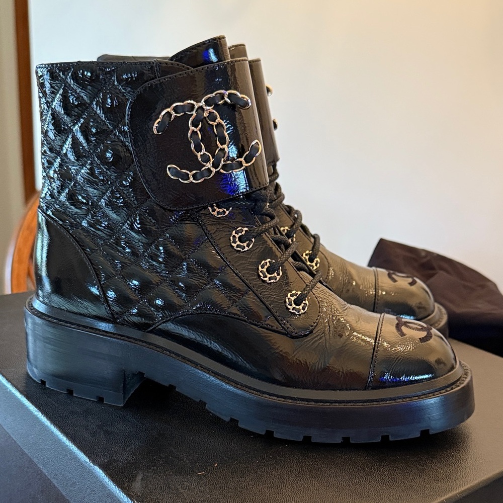 Chanel Shiny Calfskin Lace up Boots Sz. 37.5
